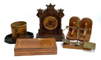 A mixed to include: a Degrave & Co London weighing scale, bookends, mantle clock, a cigar box with