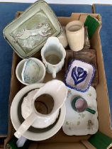 A mixed lot to include stoneware jar, carved wooden dish, Grafton ware, Portmeirion, stoneware