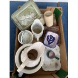 A mixed lot to include stoneware jar, carved wooden dish, Grafton ware, Portmeirion, stoneware