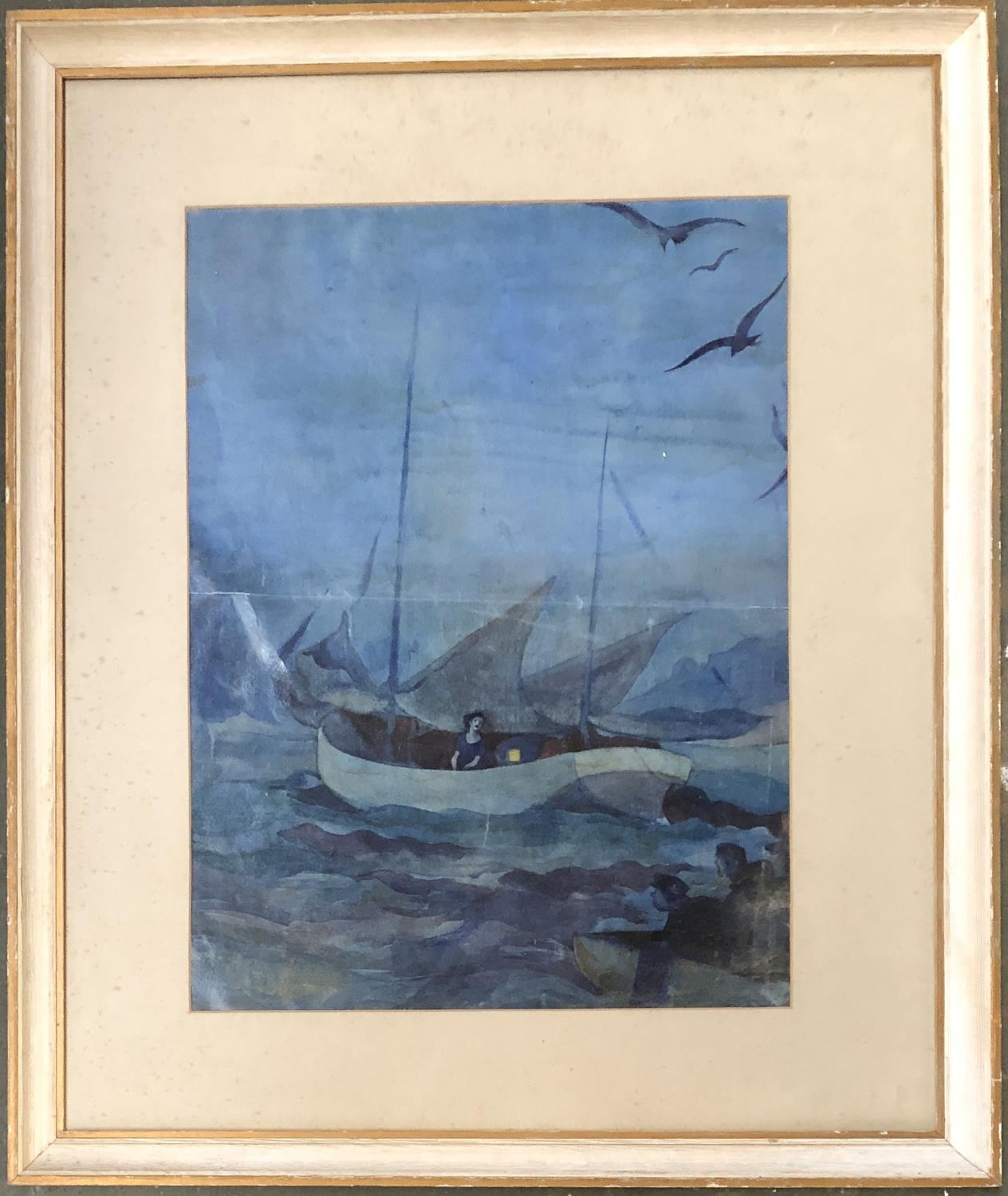 Early 20th century oil on paper illustration, lady in a sailing boat at night, 53.5x39cm