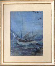 Early 20th century oil on paper illustration, lady in a sailing boat at night, 53.5x39cm