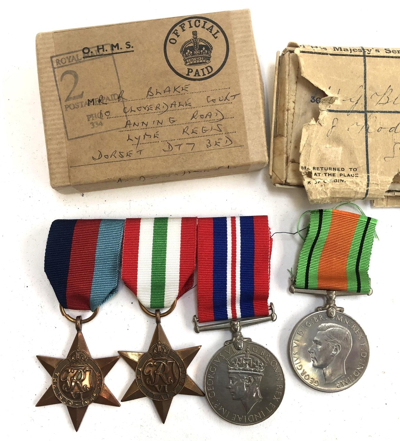 A WWI victory and war medal pair inscribed Pte. W. G. Blake. Tank Corps, together with a trio of - Image 2 of 5