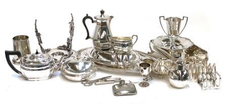 A large quantity of silver plated items, to include three piece coffee set; muffin dish; trophies;