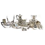 A large quantity of silver plated items, to include three piece coffee set; muffin dish; trophies;