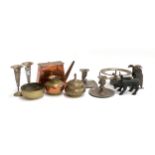 A mixed lot to include Cairo ware; plated candlestick; other vessels and spill vases; unusual copper