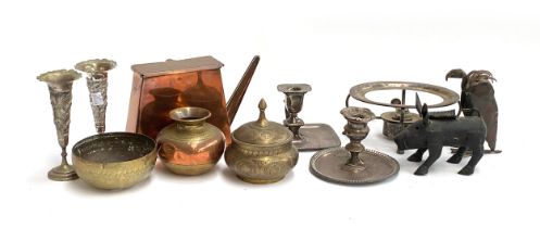 A mixed lot to include Cairo ware; plated candlestick; other vessels and spill vases; unusual copper