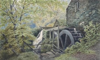 A late 19th century watercolour of a mill wheel, signed and dated M. Riley 1893, 26x43cm