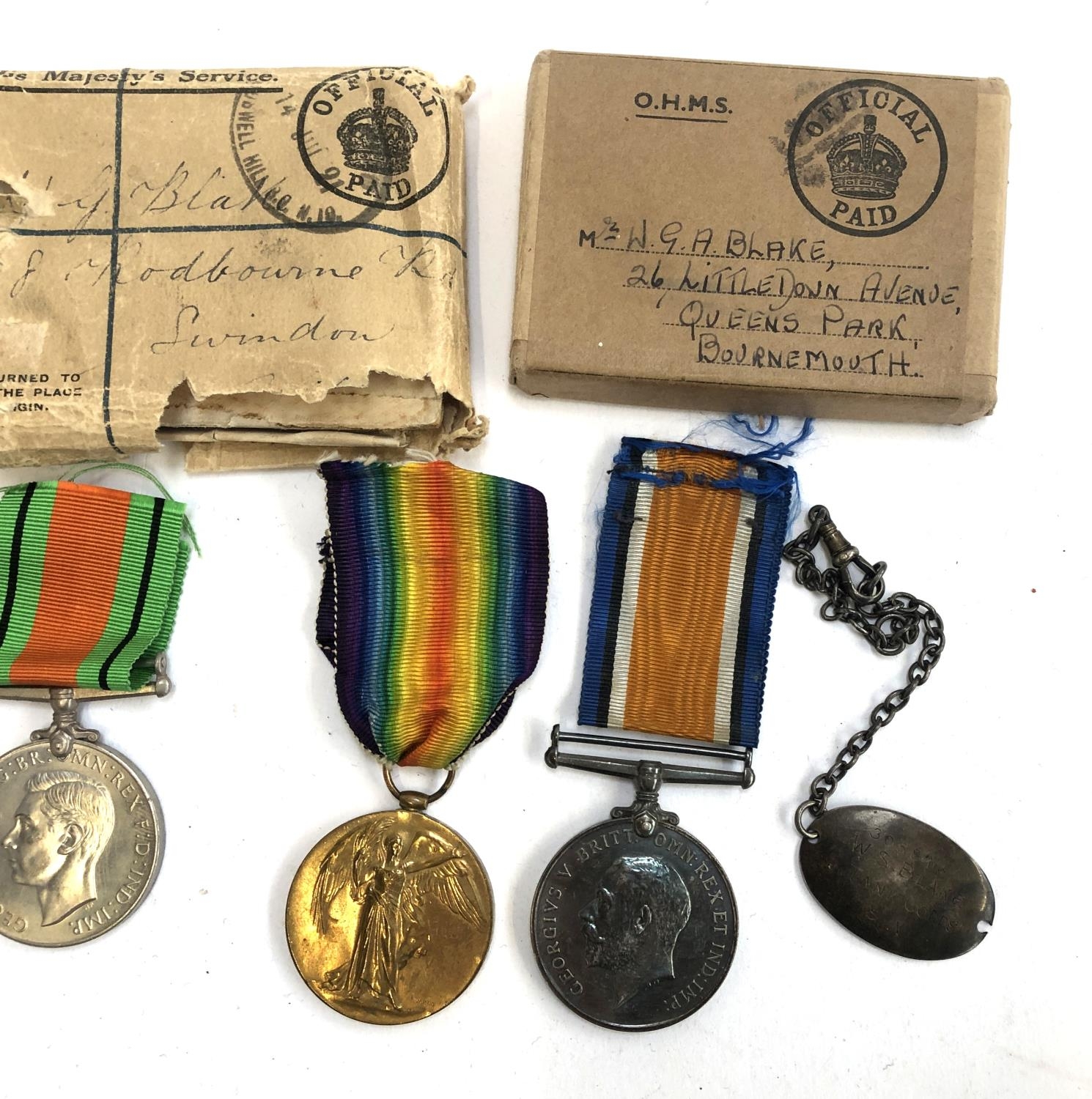 A WWI victory and war medal pair inscribed Pte. W. G. Blake. Tank Corps, together with a trio of - Image 3 of 5