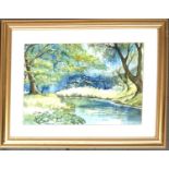 Olive Bowyer, watercolour of river and trees, signed lower right, 22x32cm