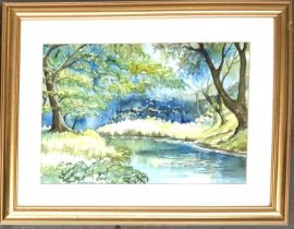 Olive Bowyer, watercolour of river and trees, signed lower right, 22x32cm