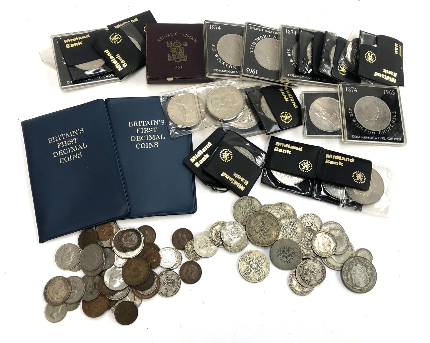 A quantity of mainly British coins to include pre 1947 silver (approx. 212g), Festival of Britain