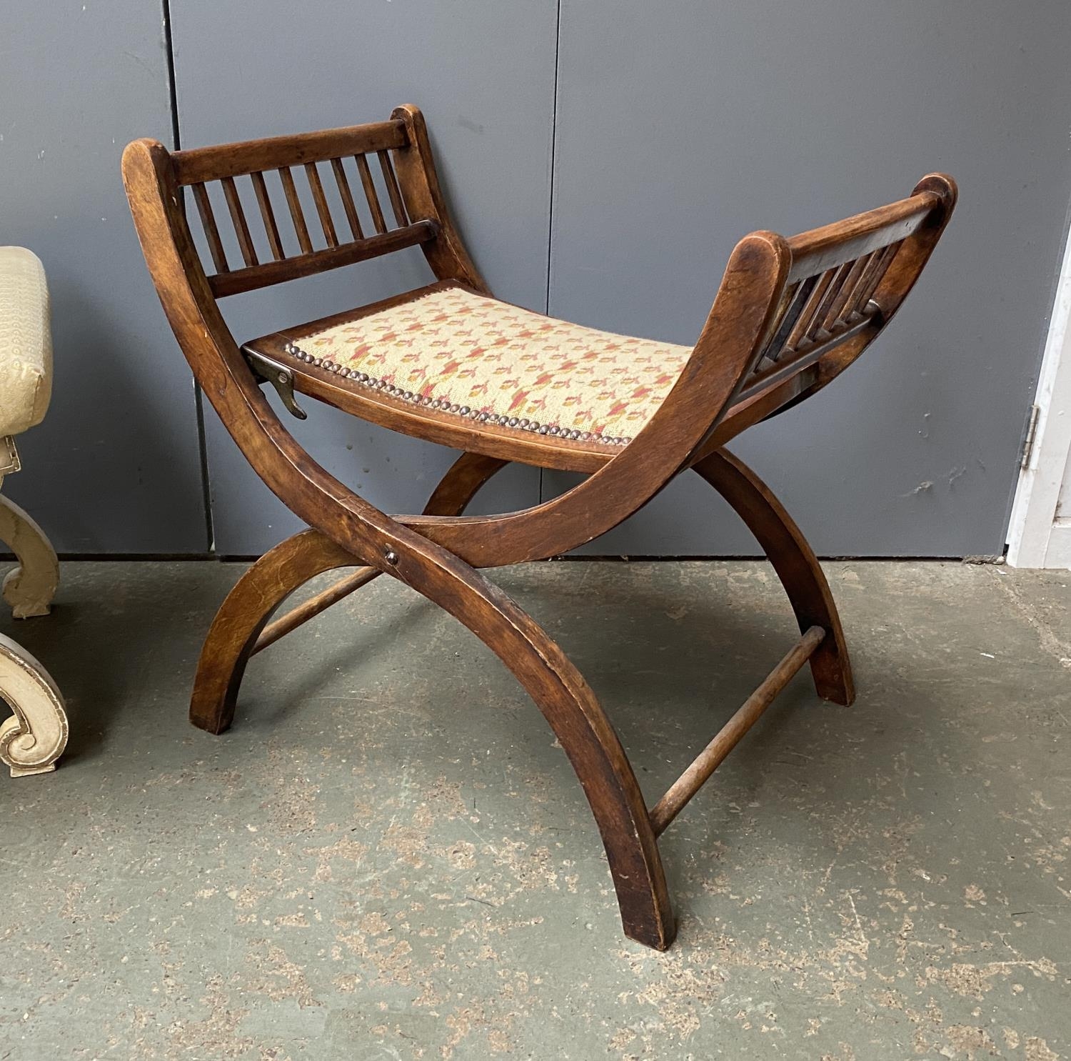 An Italian painted and parcel gilt cross frame upholstered stool, 56x44x42cmH; together with a - Image 3 of 3