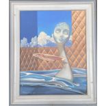 Surrealist oil on canvas, the scene depicting a sculptural bust, bacon, clouds and quilted fabric,