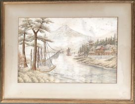 A Chinese silk embroidery of river scene with boats and mountain in background, 29x43cm