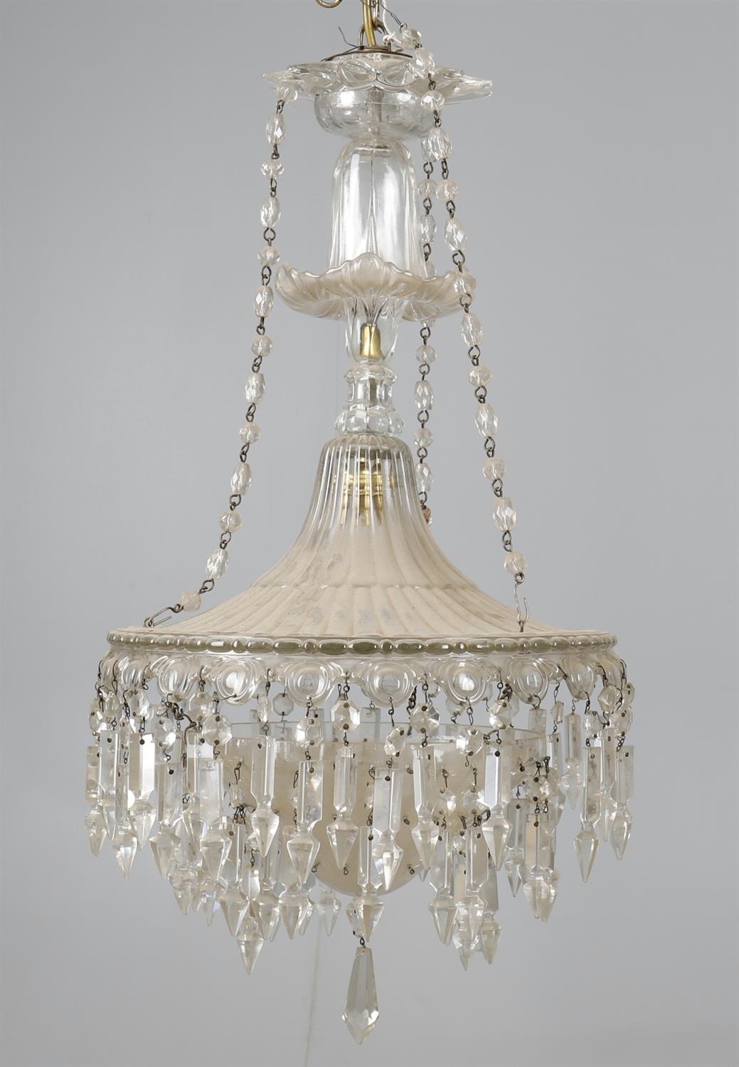 A cut and moulded glass chandelier, 20th century, of trumpet form, with demi-globe suspended