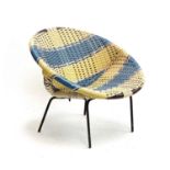 A mid century 'sputnik' child's woven vinyl chair in yellow and blue, 49cmW