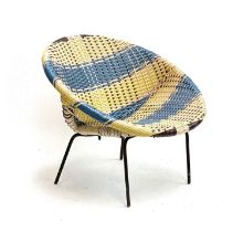 A mid century 'sputnik' child's woven vinyl chair in yellow and blue, 49cmW