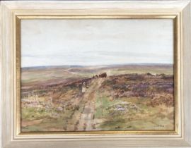 A 20th century watercolour of cattle and milkmaid on moorland, signed 'Jadees', 25x35cm