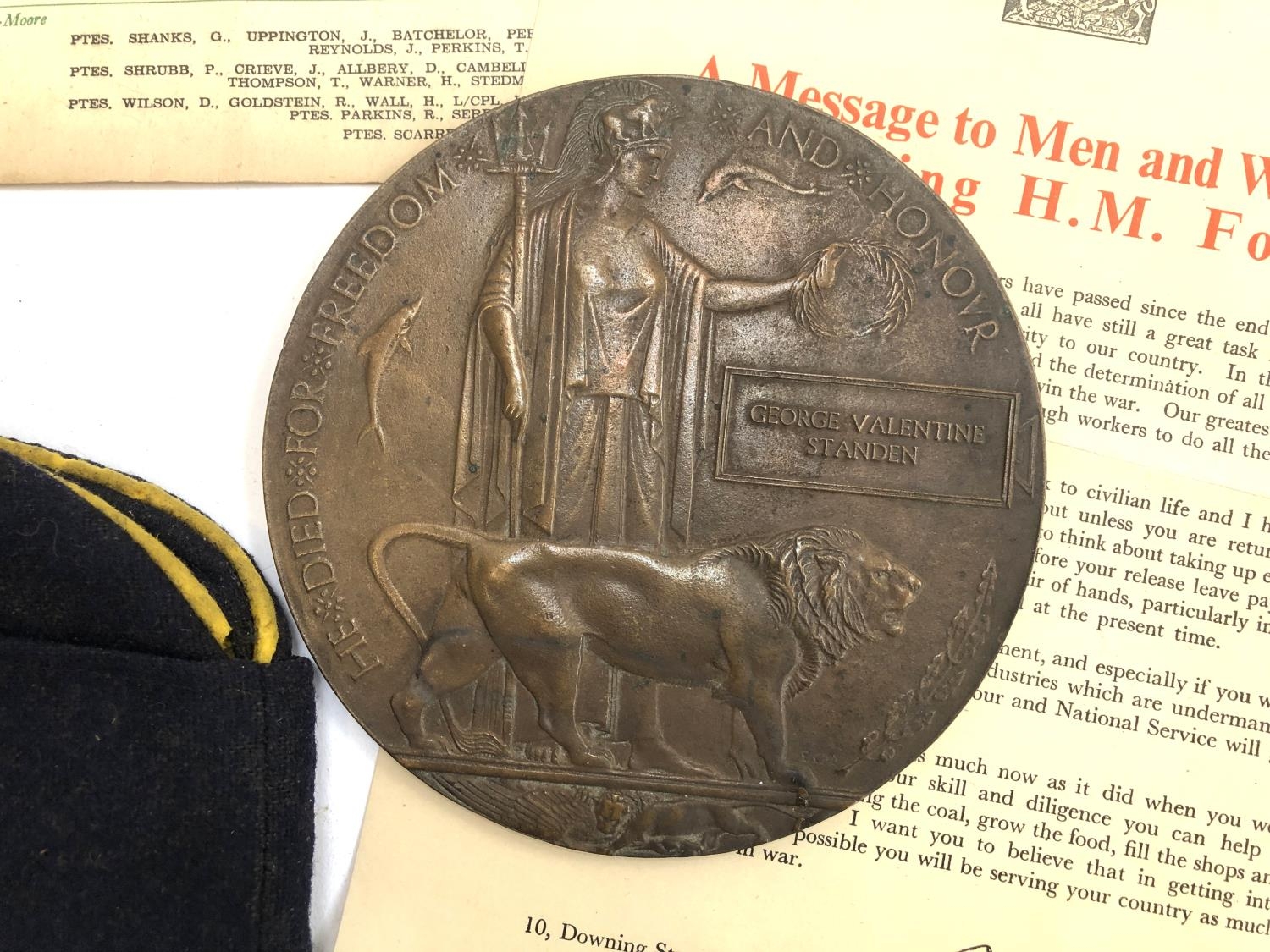 A WWI death penny plaque for George Valentine Standen, together with a Royal Artillery side cap, - Image 3 of 4