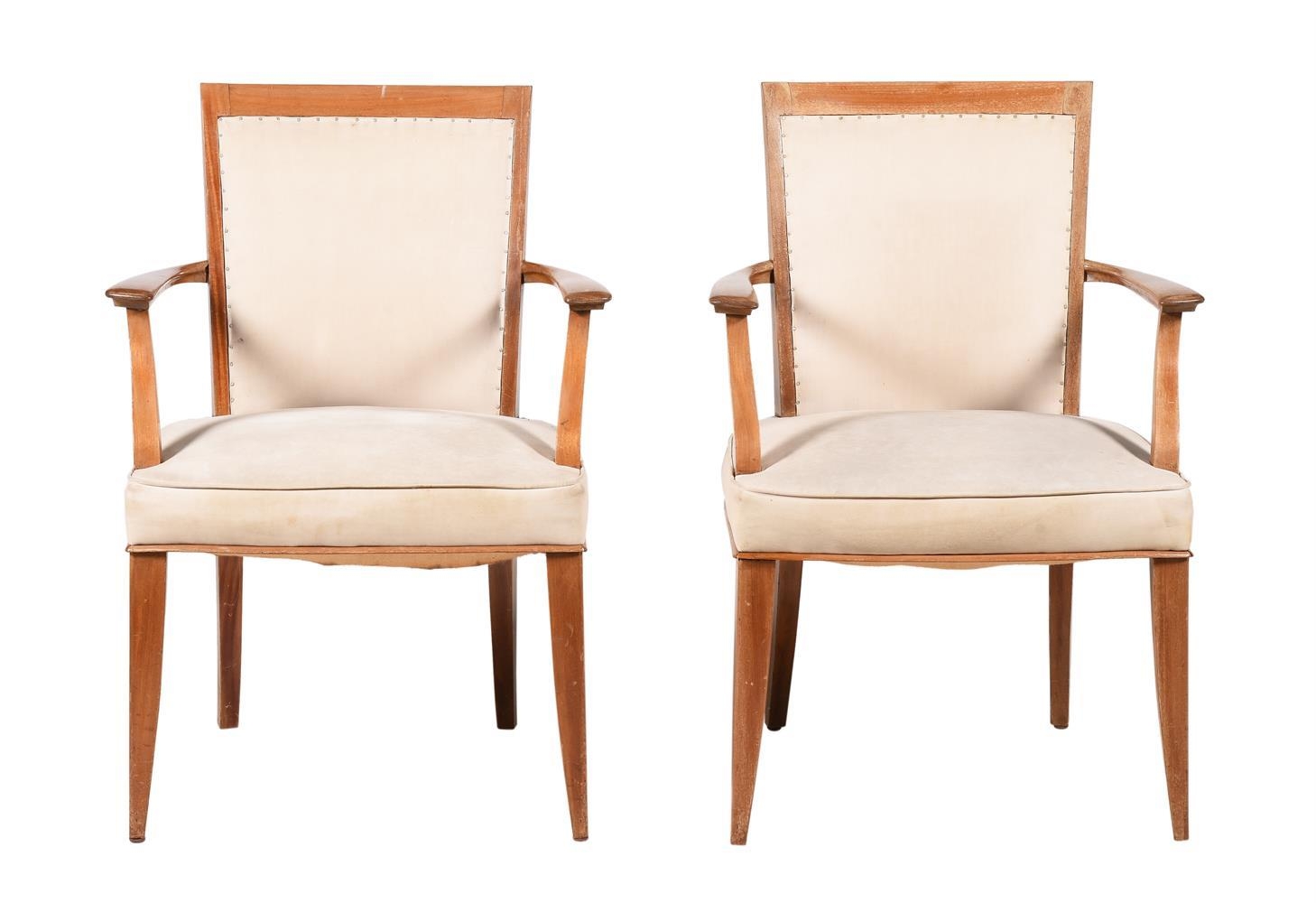 A pair of mid century beech open armchairs, each 87cm high, 56cm wide, 52cm deep