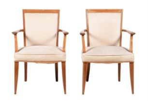A pair of mid century beech open armchairs, each 87cm high, 56cm wide, 52cm deep