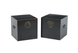 A pair of ebonised and brass mounted chests by OKA, each 45cm high, 45cm wide, 45cm deep