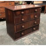 A 19th century mahogany chest of two short over three graduating drawers (feet missing), turned