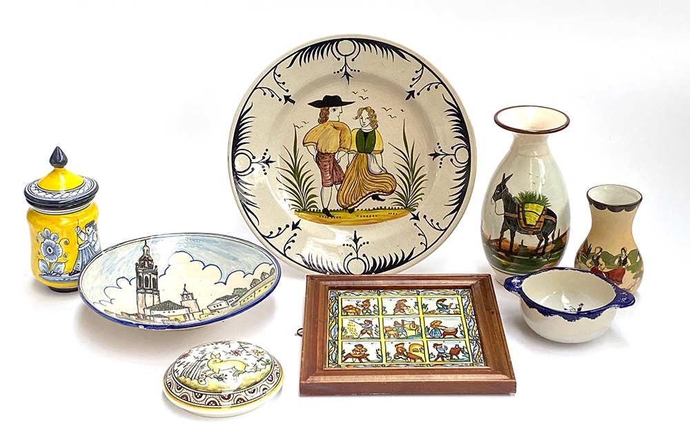 A quantity of continental ceramics, to include Alcobaca Portugal majolica charger, 35cmD; framed