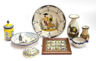 A quantity of continental ceramics, to include Alcobaca Portugal majolica charger, 35cmD; framed