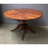 A Regency mahogany circular tilt-top breakfast table, raised on four swept legs with brass caps