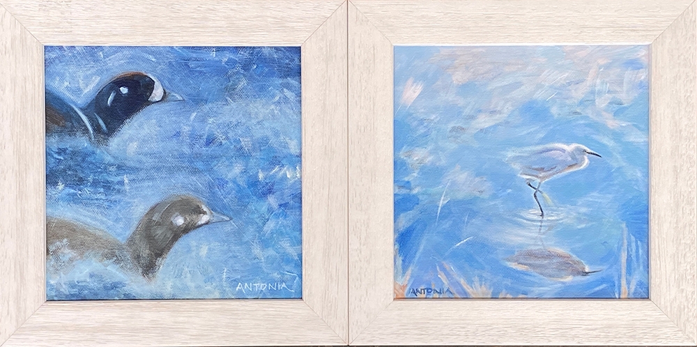 Antonia Phillips, 'Harlequin Win!' and 'Morning Egret- River Asker', oil on canvas, each 19x19cm