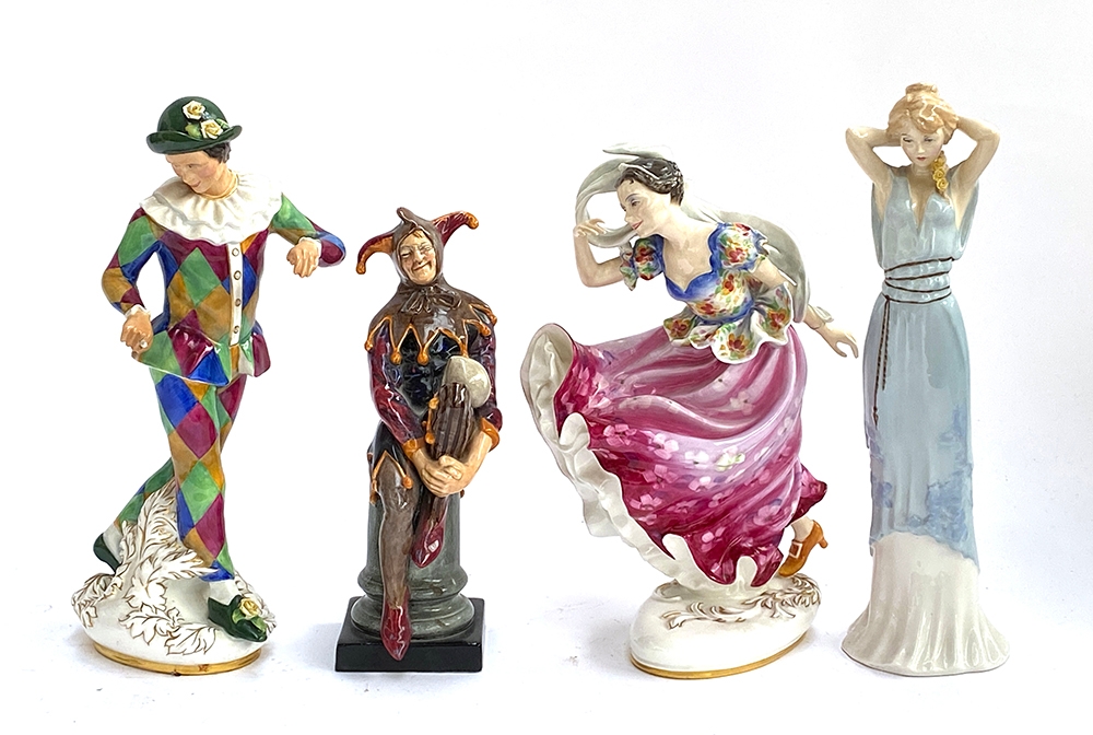 Four Doulton figurines: 'Harlequin', 'The Jester', 'Columbine', and 'Reflections Sweet Perfume', the