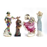 Four Doulton figurines: 'Harlequin', 'The Jester', 'Columbine', and 'Reflections Sweet Perfume', the