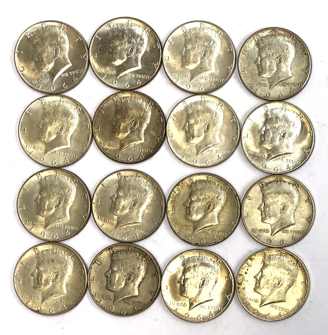 16 Kennedy 1964 US half dollars
