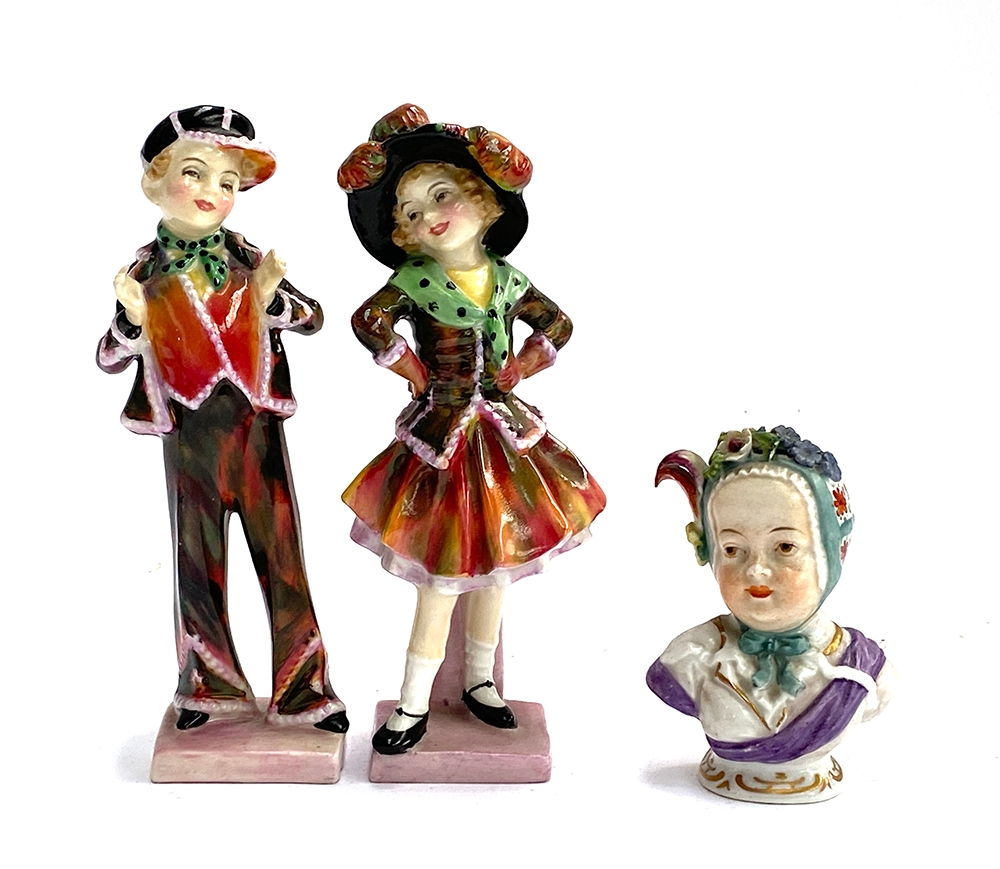 Two Royal Doulton figures, 'Pearly Girl' and 'Pearly Boy', 14cmH; together with a Samson porcelain
