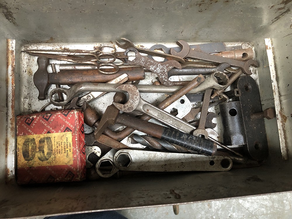 Two vintage green painted tool boxes, containing a quantity of very large spanners, sockets etc - Image 4 of 4