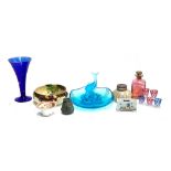 An art deco Joseph Inwald blue glass fish centre bowl; a Rosenthal vase; Delft trough vase; blue