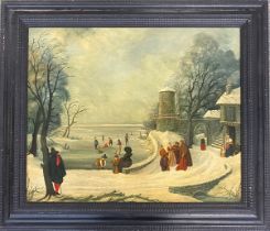 19th century oil on canvas, medieval winter scene on a frozen lake, in an ebonised 17th century