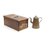A copper coffee pot, monogrammed GR; together with an antique wooden till