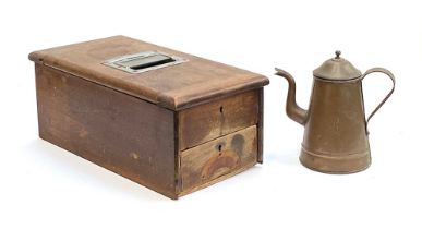 A copper coffee pot, monogrammed GR; together with an antique wooden till
