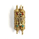 A gold Torah charm with minora detail set with a sapphire, tests as 14ct, 8g