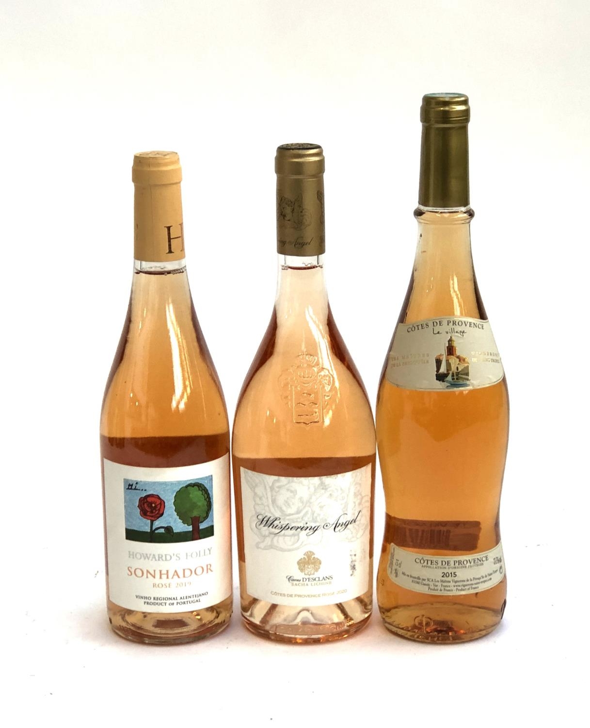 Three bottles of rosé: Whispering Angel cotes de provence rose 2020 13%/75cl; Howard's Folly