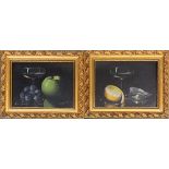 A pair of 20th century still life oil on boards, oysters and lemon, grapes and apple, signed Van