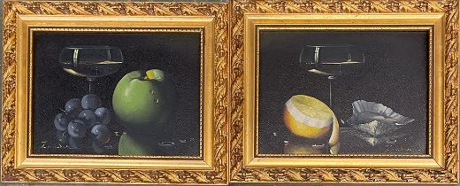 A pair of 20th century still life oil on boards, oysters and lemon, grapes and apple, signed Van