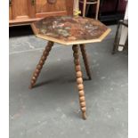 An octagonal 'gypsy' side table with hand painted pine top with blackberries, bees and flowers, on