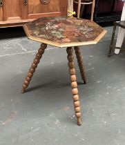 An octagonal 'gypsy' side table with hand painted pine top with blackberries, bees and flowers, on