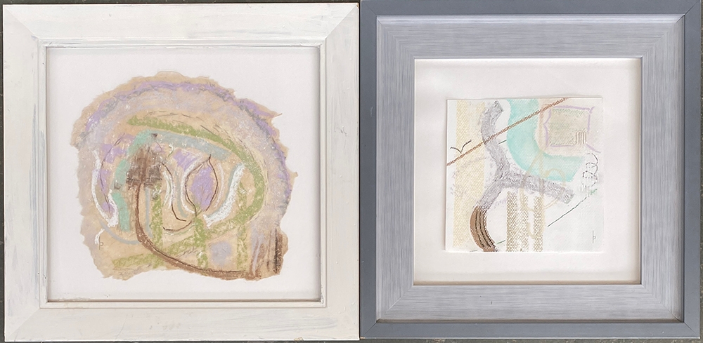 Lindy Phillips, 'Lilac Lagoon' and 'Sprung', abstract pastels on paper, 22x24cm and 17x17cm (2)