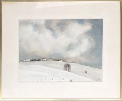 A 20th century watercolour of a snowy pastoral scene, signed indistinctly lower right, approx 31.