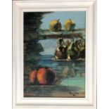Pam Cox, still life of apples and pears, oil on canvas, signed, 49.5x35.5cm