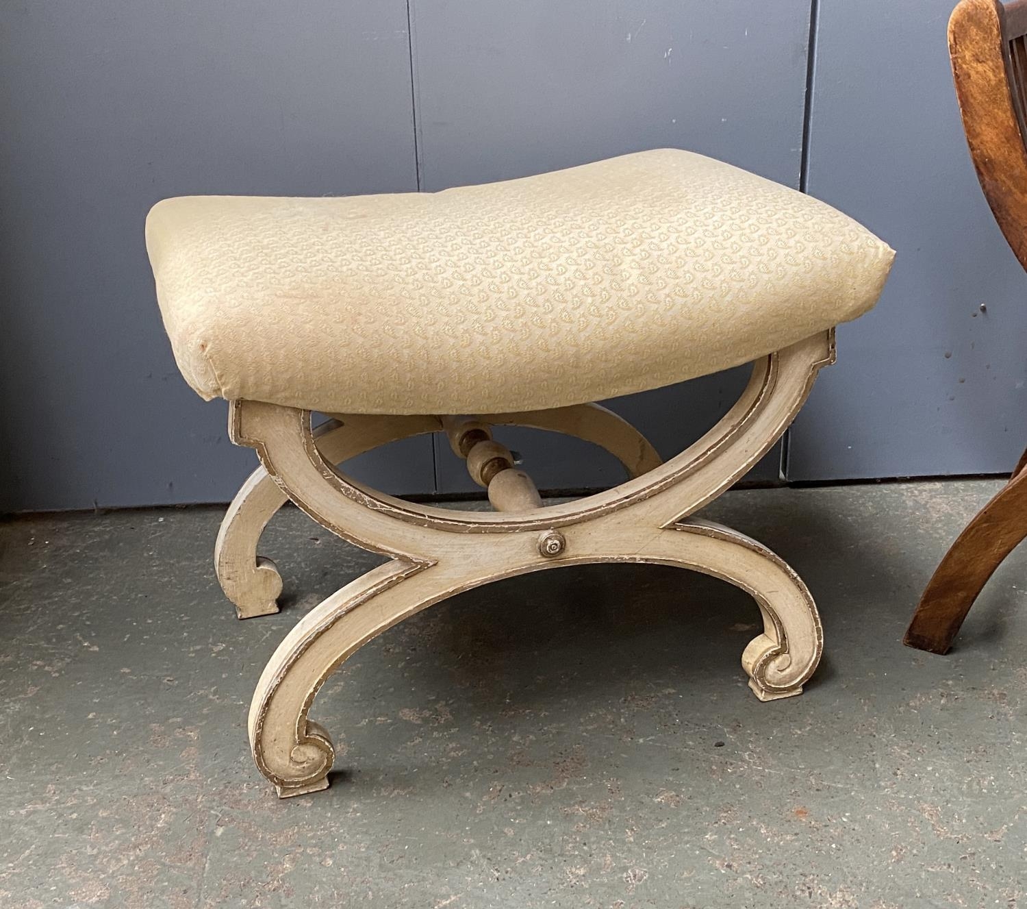 An Italian painted and parcel gilt cross frame upholstered stool, 56x44x42cmH; together with a - Image 2 of 3